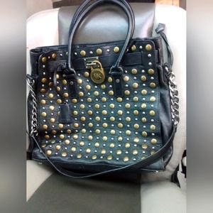Michael Kors Black leather brass studded long chain handled tote bag